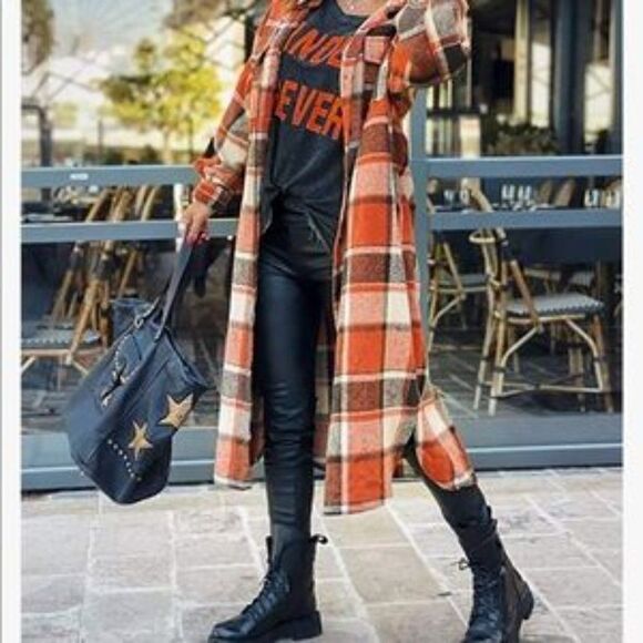 New Plaid Button Down Long Shacket Jacket - Picture 2 of 9